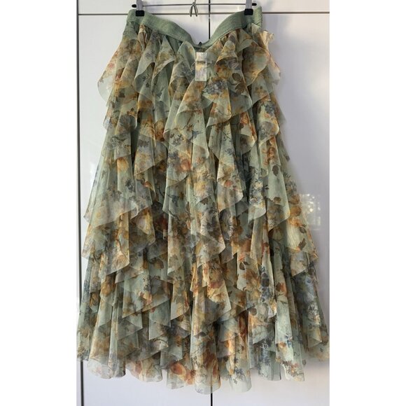 NWT Size XL-Anthro The Chéri Ruffled Tulle Midi Skirt Green Floral (NWT US$ 158) - Picture 4 of 15
